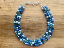Load image into Gallery viewer, Port side Blue Ombré Chunky Statement Necklace, multi Strand Beaded Jewelry, dark blue jewelry, 3 strand chunky bib mint green