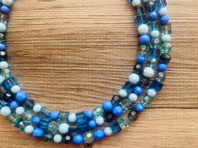 Load image into Gallery viewer, Port side Blue Ombré Chunky Statement Necklace, multi Strand Beaded Jewelry, dark blue jewelry, 3 strand chunky bib mint green