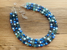 Load image into Gallery viewer, Port side Blue Ombré Chunky Statement Necklace, multi Strand Beaded Jewelry, dark blue jewelry, 3 strand chunky bib mint green