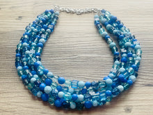 Load image into Gallery viewer, Sky side Blue Ombré Chunky Statement Necklace, multi Strand Beaded Jewelry, dark blue jewelry, 5 strand chunky bib mint green