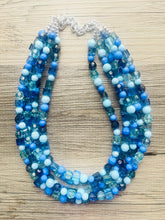 Load image into Gallery viewer, Sky side Blue Ombré Chunky Statement Necklace, multi Strand Beaded Jewelry, dark blue jewelry, 5 strand chunky bib mint green