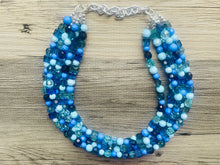 Load image into Gallery viewer, Sky side Blue Ombré Chunky Statement Necklace, multi Strand Beaded Jewelry, dark blue jewelry, 5 strand chunky bib mint green