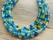 Load image into Gallery viewer, Seaside Blue Ombré Chunky Statement Necklace, multi Strand Beaded Jewelry, dark blue jewelry, 5 strand chunky bib green