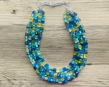 Load image into Gallery viewer, Seaside Blue Ombré Chunky Statement Necklace, multi Strand Beaded Jewelry, dark blue jewelry, 5 strand chunky bib green