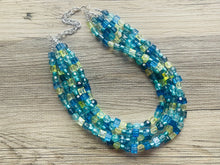 Load image into Gallery viewer, Seaside Blue Ombré Chunky Statement Necklace, multi Strand Beaded Jewelry, dark blue jewelry, 5 strand chunky bib green
