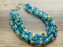 Load image into Gallery viewer, Seaside Blue Ombré Chunky Statement Necklace, multi Strand Beaded Jewelry, dark blue jewelry, 5 strand chunky bib green