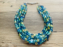 Load image into Gallery viewer, Seaside Blue Ombré Chunky Statement Necklace, multi Strand Beaded Jewelry, dark blue jewelry, 5 strand chunky bib green