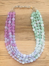 Load image into Gallery viewer, Blue Lavender Mint Beaded Statement Necklace, beaded jewelry, jewel tone necklace, light earrings necklace, chunky bib 5 strand purple