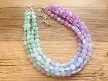 Load image into Gallery viewer, Blue Lavender Mint Beaded Statement Necklace, beaded jewelry, jewel tone necklace, light earrings necklace, chunky bib 5 strand purple