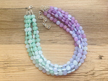 Load image into Gallery viewer, Blue Lavender Mint Beaded Statement Necklace, beaded jewelry, jewel tone necklace, light earrings necklace, chunky bib 5 strand purple