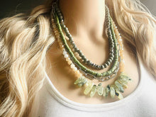 Load image into Gallery viewer, Olive Quartz statement necklace, chunky bib beaded jewelry 4 strand neutral necklace, green wood multi strand wood, Traveler Collection