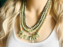 Load image into Gallery viewer, Olive Quartz statement necklace, chunky bib beaded jewelry 4 strand neutral necklace, green wood multi strand wood, Traveler Collection