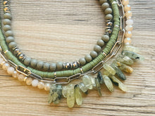 Load image into Gallery viewer, Olive Quartz statement necklace, chunky bib beaded jewelry 4 strand neutral necklace, green wood multi strand wood, Traveler Collection