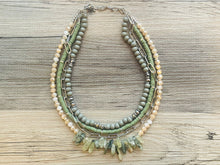 Load image into Gallery viewer, Olive Quartz statement necklace, chunky bib beaded jewelry 4 strand neutral necklace, green wood multi strand wood, Traveler Collection
