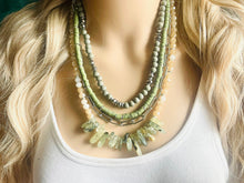 Load image into Gallery viewer, Olive Quartz statement necklace, chunky bib beaded jewelry 4 strand neutral necklace, green wood multi strand wood, Traveler Collection
