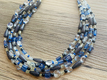 Load image into Gallery viewer, Black & Blue Ombré Chunky Statement Necklace, multi Strand Beaded Jewelry, dark blue jewelry, 5 strand chunky bib gray aqua