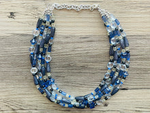 Load image into Gallery viewer, Black & Blue Ombré Chunky Statement Necklace, multi Strand Beaded Jewelry, dark blue jewelry, 5 strand chunky bib gray aqua