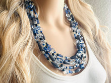 Load image into Gallery viewer, Black & Blue Ombré Chunky Statement Necklace, multi Strand Beaded Jewelry, dark blue jewelry, 5 strand chunky bib gray aqua