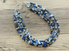 Load image into Gallery viewer, Black & Blue Ombré Chunky Statement Necklace, multi Strand Beaded Jewelry, dark blue jewelry, 5 strand chunky bib gray aqua