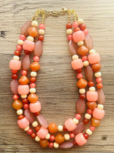 Load image into Gallery viewer, Sedona Sunrise Beaded Necklace, 3 strand Chunky statement necklace, big beaded necklace jewelry, red pink orange wood cream rosegold