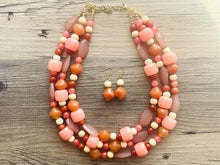 Load image into Gallery viewer, Sedona Sunrise Beaded Necklace, 3 strand Chunky statement necklace, big beaded necklace jewelry, red pink orange wood cream rosegold