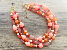 Load image into Gallery viewer, Sedona Sunrise Beaded Necklace, 3 strand Chunky statement necklace, big beaded necklace jewelry, red pink orange wood cream rosegold