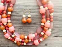 Load image into Gallery viewer, Sedona Sunrise Beaded Necklace, 3 strand Chunky statement necklace, big beaded necklace jewelry, red pink orange wood cream rosegold