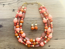 Load image into Gallery viewer, Sedona Sunrise Beaded Necklace, 3 strand Chunky statement necklace, big beaded necklace jewelry, red pink orange wood cream rosegold
