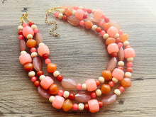 Load image into Gallery viewer, Sedona Sunrise Beaded Necklace, 3 strand Chunky statement necklace, big beaded necklace jewelry, red pink orange wood cream rosegold