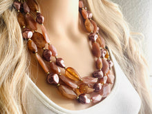 Load image into Gallery viewer, Roses & Mocha chunky necklace, brown beaded jewelry, resin tan beaded necklace, cinnamon necklace tan champagne coffee 3 strand