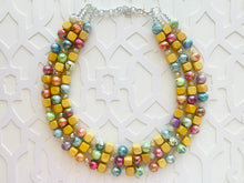 Load image into Gallery viewer, Rainbow Metallic Lava Lamp Statement Necklace, chunky multi-strand jewelry, wood yellow pink colorful necklace, silver blue jewelry