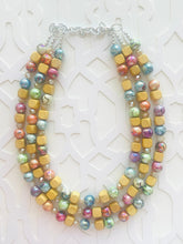 Load image into Gallery viewer, Rainbow Metallic Lava Lamp Statement Necklace, chunky multi-strand jewelry, wood yellow pink colorful necklace, silver blue jewelry