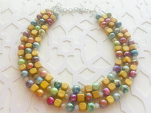 Load image into Gallery viewer, Rainbow Metallic Lava Lamp Statement Necklace, chunky multi-strand jewelry, wood yellow pink colorful necklace, silver blue jewelry