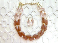Load image into Gallery viewer, Coral & Caramel Champagne Necklace, multi strand jewelry, big beaded chunky statement necklace, bridesmaid necklace, brown tan necklace