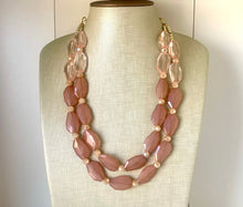 Load image into Gallery viewer, Coral & Caramel Champagne Necklace, multi strand jewelry, big beaded chunky statement necklace, bridesmaid necklace, brown tan necklace