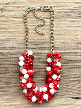 Load image into Gallery viewer, Red & White Cluster Necklace, Gameday Bridesmaid Jewelry dressy beaded statement bib, silver statement football basketball