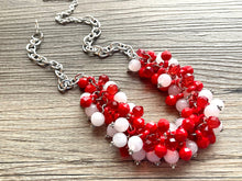 Load image into Gallery viewer, Red & White Cluster Necklace, Gameday Bridesmaid Jewelry dressy beaded statement bib, silver statement football basketball