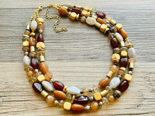 Load image into Gallery viewer, Chocolate Fudge & gold Chunky Statement Necklace, brown beaded necklace, Vintage brown beaded jewelry gold nugget metallic jewel