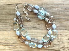 Load image into Gallery viewer, Chambray & Gray Double Strand Statement Necklace, Chunky Periwinkle Oval Beaded Bib earrings, sky blue set, baby blue jewelry