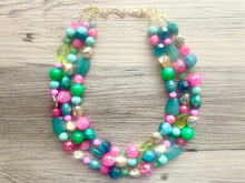 Load image into Gallery viewer, Pink & Green Statement Necklace, chunky multi-strand jewelry, peach pink colorful necklace, gold nugget jewelry, emerald green jewelry