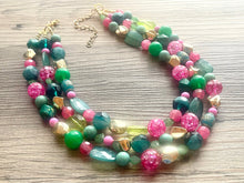 Load image into Gallery viewer, Pink & Green Statement Necklace, chunky multi-strand jewelry, peach pink colorful necklace, gold nugget jewelry, emerald green jewelry