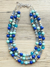 Load image into Gallery viewer, Mountain Meadow Necklace, Chunky 3 Strand Statement Necklace, blue gray periwinkle jewelry, silver turquoise royal resin jewelry metallic