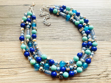 Load image into Gallery viewer, Mountain Meadow Necklace, Chunky 3 Strand Statement Necklace, blue gray periwinkle jewelry, silver turquoise royal resin jewelry metallic
