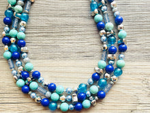 Load image into Gallery viewer, Mountain Meadow Necklace, Chunky 3 Strand Statement Necklace, blue gray periwinkle jewelry, silver turquoise royal resin jewelry metallic