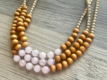 Load image into Gallery viewer, Rose Quartz statement necklace, chunky bib beaded jewelry light pink necklace, multi strand wood & gold, Traveler Collection