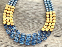 Load image into Gallery viewer, Periwinkle Colorblock Necklace, Chunky 3 Strand Statement Necklace, blue wood jewelry, silver turquoise resin jewelry metallic brown