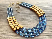 Load image into Gallery viewer, Periwinkle Colorblock Necklace, Chunky 3 Strand Statement Necklace, blue wood jewelry, silver turquoise resin jewelry metallic brown