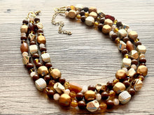 Load image into Gallery viewer, Chocolate & gold Chunky Statement Necklace, brown beaded necklace, Vintage brown beaded jewelry gold nugget metallic jewel