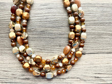 Load image into Gallery viewer, Chocolate & gold Chunky Statement Necklace, brown beaded necklace, Vintage brown beaded jewelry gold nugget metallic jewel