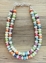 Load image into Gallery viewer, Rainbow + White Lava Lamp Statement Necklace, chunky multi-strand jewelry, green yellow pink colorful necklace, silver blue jewelry